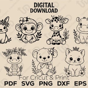 Bundle SVG animaux de la jungle mignon • Clipart safari bébé pour Cricut • PNG animal de la forêt • SVG lapin girafe koala • Art imprimable pour chambre d'enfant
