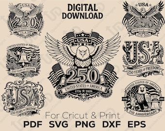 250周年記念SVGバンドル、USAベクターPng、7月4日バンドルPng、愛国的な鷲Dxfバンドル、アメリカ250、自由の女神愛国
