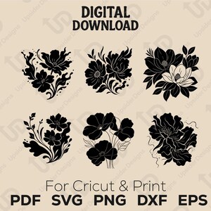 Elegant Floral SVG Bundle | Botanical Flower Clipart Set for Cricut | Black Floral Vectors PNG DXF | Digital Download for Crafts & Print