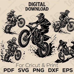 Motocross Dirt Bike SVG Bundle, Extrem Off-Road Racing Digitale Schnittdateien für Cricut, Reiter Silhouetten mit Schlammspritzern, Instant Download