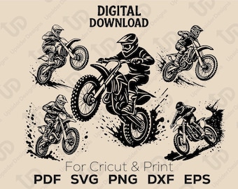 Pacote SVG de Motocross Dirt Bike, Arquivos Digitais de Corte para Corrida Off-Road Extrema para Cricut, Silhuetas de Pilotos com Respingos de Lama, Download Instantâneo