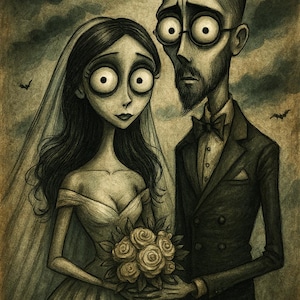 Könnte beinhalten: Illustration eines Brautpaares im Stil von Tim Burton. Die Braut trägt ein weißes schulterfreies Kleid und einen Schleier und hält einen Rosenstrauß. Der Bräutigam trägt einen schwarzen Anzug und eine Fliege. Fledermäuse fliegen im Hintergrund.