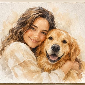 Puede incluir: Una pintura de acuarela sobre papel texturizado que representa a una persona de cabello castaño largo abrazando a un golden retriever. La obra presenta tonos suaves y cálidos de beige, bronceado y amarillo dorado, capturando a los sujetos.