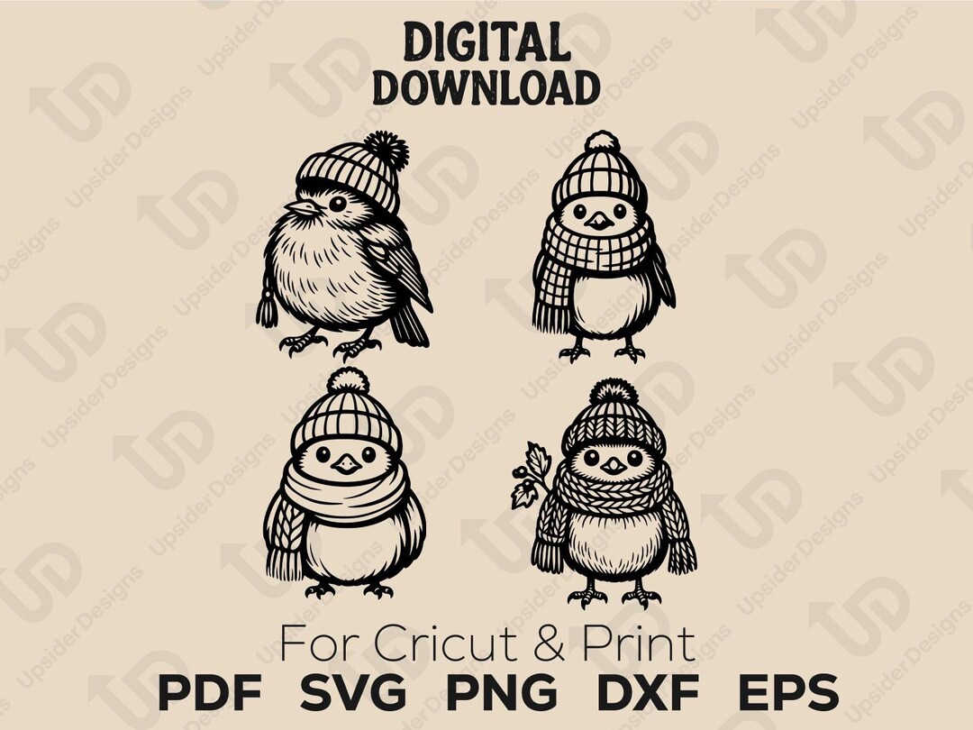 Winter Birds SVG Bundle | 4 Hand Drawn Christmas Robin Penguin Clipart ...