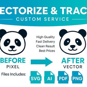 Könnte beinhalten: Werbung für einen individuellen Vektorisierungs- und Tracing-Service. Das Bild zeigt eine Panda-Bären-Illustration vor und nach der Vektorisierung. Der Text enthält "VECTORIZE & TRACE CUSTOM SERVICE", "BEFORE PIXEL" und "AFTER VECTOR". Dateitypen sind SVG, AI, PDF und PNG.