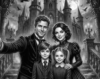 Custom Halloween Portrait From Photo, Black and White Gothic Family Art, Personalized Spooky Digital Portrait