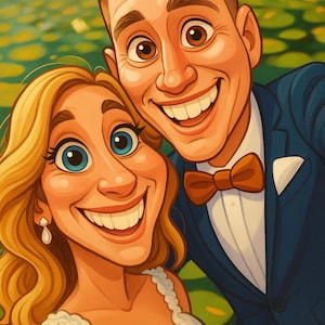 May include: A cartoon illustration of a smiling couple. The woman has blonde hair and blue eyes, wearing a white dress. The man wears a blue suit and a brown bow tie. The background is a green and yellow watercolor.