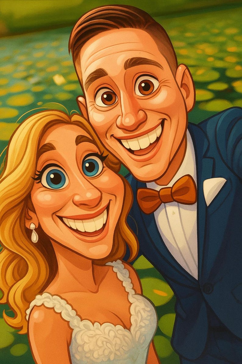 May include: A cartoon illustration of a smiling couple. The woman has blonde hair and blue eyes, wearing a white dress. The man wears a blue suit and a brown bow tie. The background is a green and yellow watercolor.
