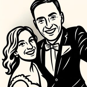May include: Black and white illustration of a smiling couple. The man is wearing a tuxedo with a bow tie and the woman is wearing a dress. The image has a vintage, retro style.