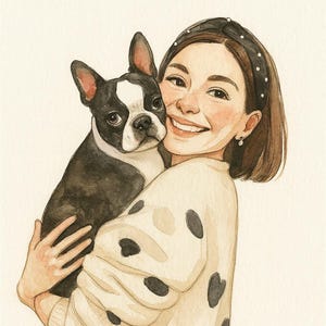 Custom Pet Portrait with owner – Digital Pet Sketch Outline from Photo, Personalized Pet Line Art, Simple Watercolor Dog or Cat Drawing