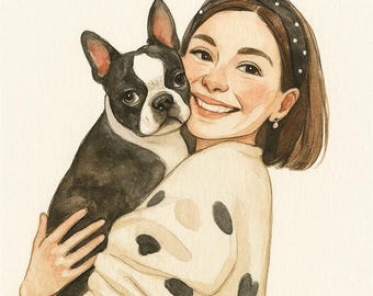 Custom Pet Portrait with owner, Mother's Day, Digital Sketch Outline from Photo, Personalized Line Art, Simple Watercolor Dog or Cat Drawing