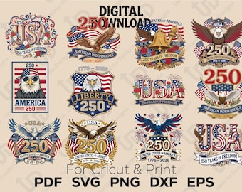 250周年記念SVGバンドル、USAベクターPngシャツデザイン、7月4日、愛国的な鷲のDxfファイル、アメリカ250、自由の女神愛国