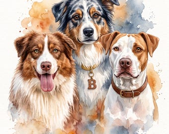 Custom Watercolor Pet Family Portraits Using Photo, Personalized Digital Dog Portraits, Cat Portraits, Dog Painting Portraits, Memorial Art