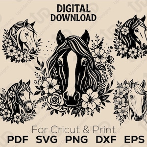 Bundle élégant cheval SVG, floral équin numérique Clipart PNG Cricut, silhouettes détaillées de tête de cheval, ranch imprimable et fichiers coupés Nature
