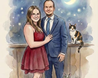 Spersonalizowany portret rodzinny wykonany akwarelą ze zdjęcia, noworoczny obraz rysowany ręcznie, prezent świąteczny dla rodziców i córki, prezent ze zdjęciami rocznicowymi
