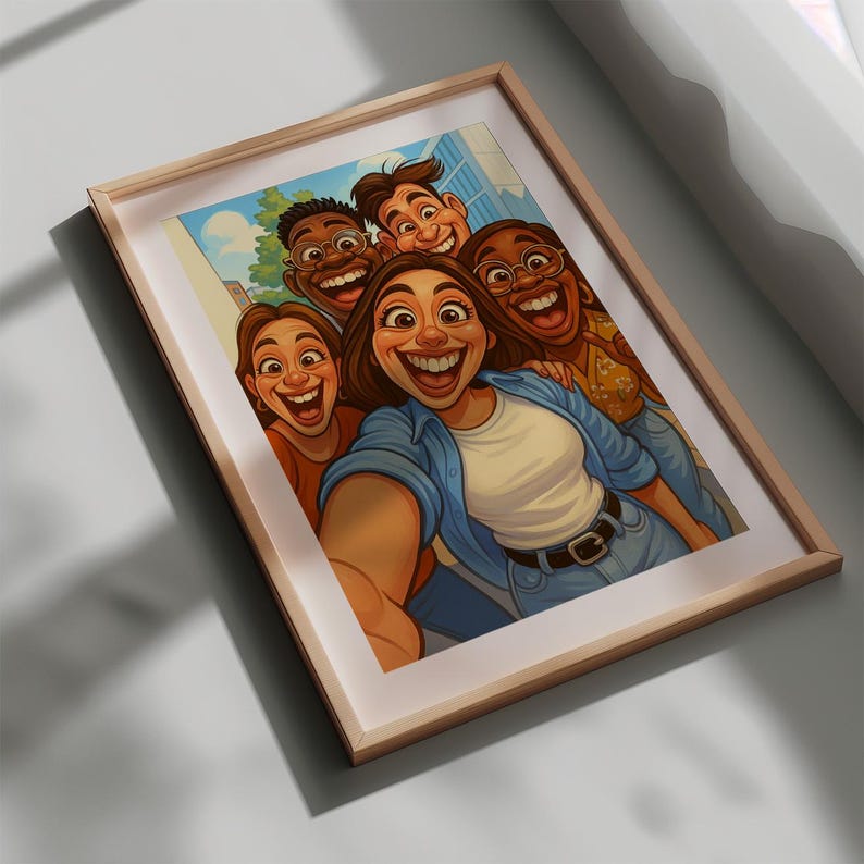 May include: A framed print depicting a group of five people smiling and taking a selfie. The artwork is in a cartoon style with vibrant colours, emphasizing expressions of happiness. The frame is made of light-coloured wood.