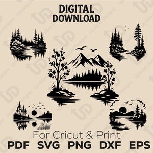 Nature Landscape SVG Bundle | 6 Mountain-Lake Silhouette Vectors | Outdoors Clipart for Cricut, Silhouette, Laser & Print | Lake Png Designs