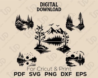 Nature Landscape SVG Bundle | 6 Mountain-Lake Silhouette Vectors | Outdoors Clipart for Cricut, Silhouette, Laser & Print | Lake Png Designs