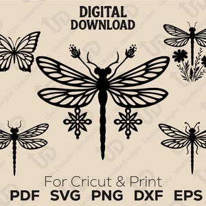 Mystische Libelle Schmetterling SVG Bundle, komplizierte Natur Silhouetten für Cricut, druckbare digitaler Download, Floral Insekt PNG Schnittdateien