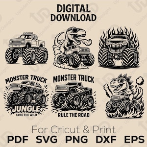 Monster Truck Dinosaur SVG Png Bundle, Wild Off-Road Digital Clipart for Cricut, Fierce Truck Designs with Dino, Printable Adventure CutFile