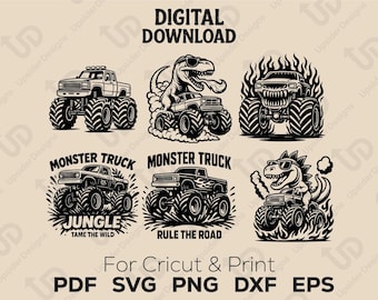 Monster Truck Dinosaur SVG Png Bundle, Wild Off-Road Digital Clipart for Cricut, Fierce Truck Designs with Dino, Printable Adventure CutFile