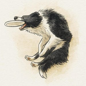 Op de afbeelding: Waterverfillustratie van een Border Collie-hond in de lucht, die een frisbee vangt. De hond is zwart-wit met een beige buik en poten. De frisbee is beige, tegen een lichtbeige achtergrond.