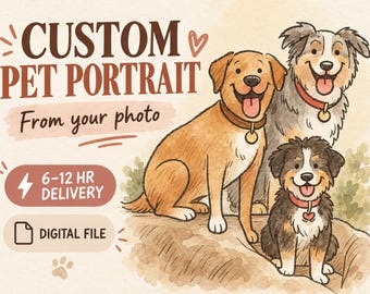Custom Watercolor Pet Portrait from Photo – Personalized Digital Dog or Cat Illustration
