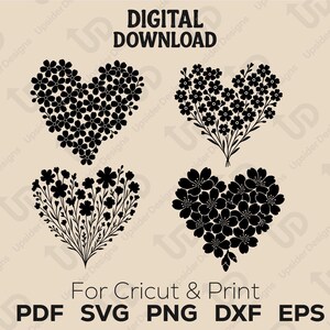 花のハートSVGバンドル | Cricut、Silhouette、Laser用の花でいっぱいの愛のベクター画像4点 | 結婚式、バレンタイン、母の日 | デジタルPNGデザイン