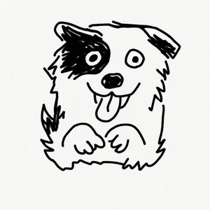 Może przedstawiać: Czarno-biała ilustracja kreskówki przedstawiająca psa. Pies ma czarną plamę nad jednym okiem, uśmiechniętą minę i wystawiony język. Styl rysunku jest prosty i zabawny, z naciskiem na przyjazną twarz psa.
