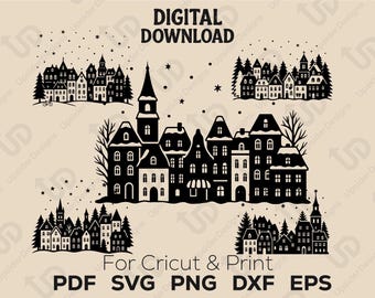 Cozy Winter Village SVG Bundle, Snowy Town Silhouettes for Cricut, Festive Holiday PNG, DXF Digital Download, Printable Christmas Cut Files