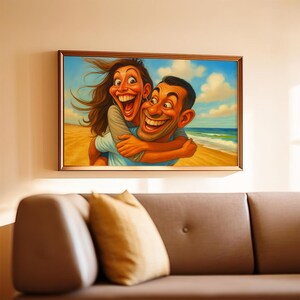 May include: A framed cartoon painting shows a man carrying a woman, both with wide smiles. The background features a beach scene with a blue sky, sea, and sand. The artwork is displayed above a brown sofa, adding a touch of colour.