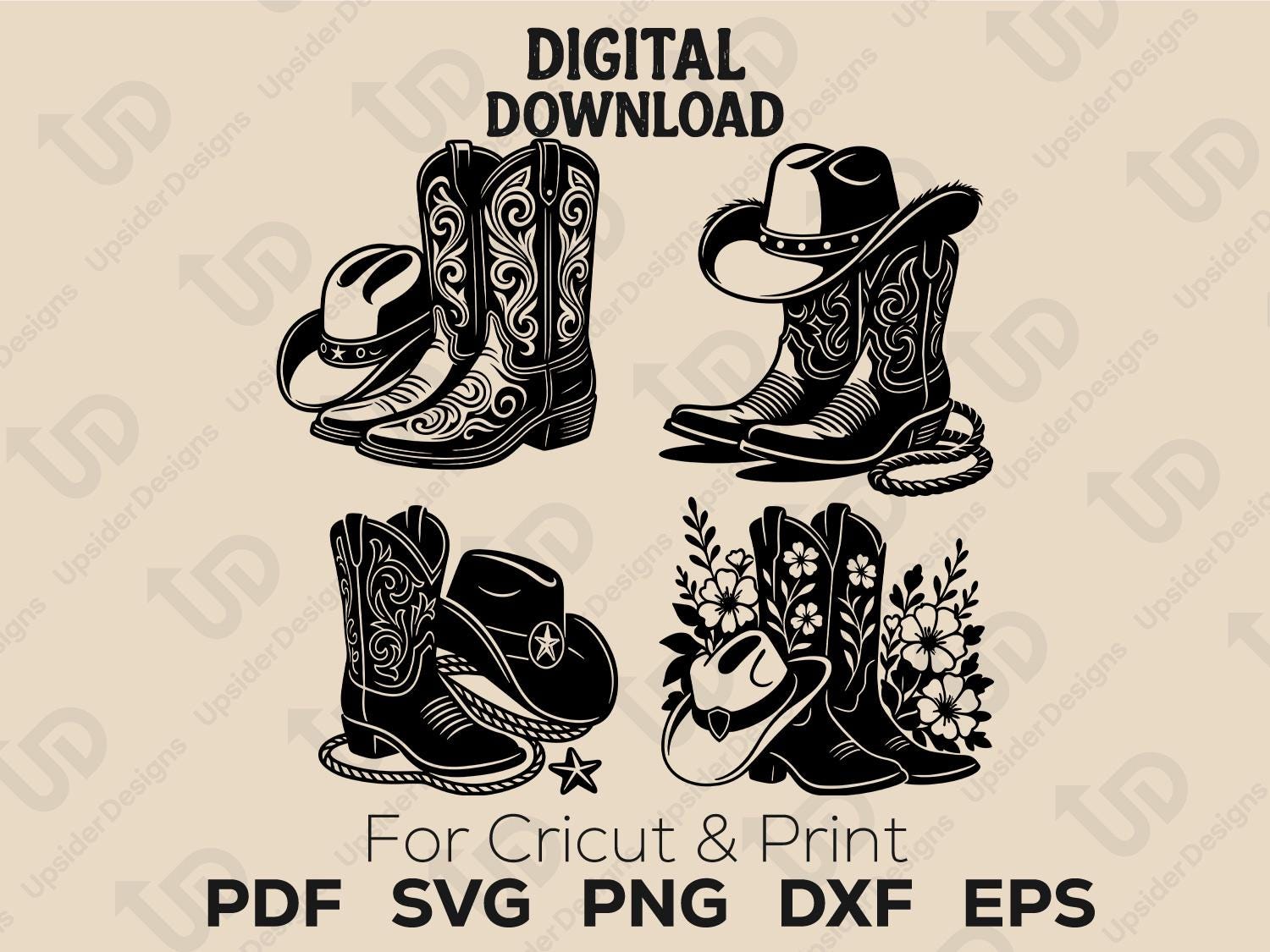 Pacote SVG de botas e chapéus de cowboy elegantes, arquivos de corte digital floral ocidental para Cricut, clipart de design de rancho rústico, download instantâneo de PNG DXF