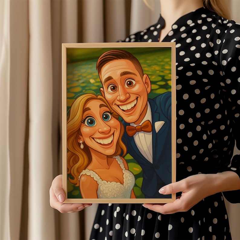 May include: A framed cartoon portrait of a smiling couple. The man wears a blue suit and a bow tie. The woman has blonde hair and a white dress. The background is a green and yellow landscape. The frame is made of light-coloured wood.