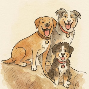 Op de afbeelding: Waterverfillustratie van drie lachende honden. Een gouden Labrador zit links, een grijze en witte hond in het midden en een zwart, bruin en witte hond vooraan. Alle honden dragen halsbanden.