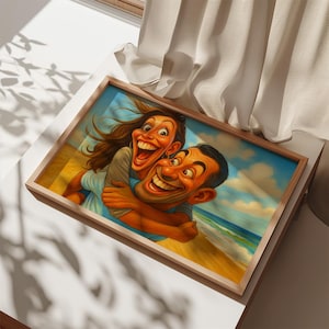 May include: A framed cartoon illustration of a smiling couple embracing on a beach. The artwork features vibrant colours, a blue sky, and a light wooden frame. The couple's exaggerated expressions convey joy and excitement.