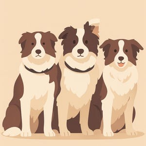 Könnte beinhalten: Illustration von drei Border Collie-Hunden, die nebeneinander sitzen. Jeder Hund hat ein braun-weißes Fell mit braunen Flecken um Augen und Ohren. Sie haben schwarze Halsbänder vor einem beigefarbenen Hintergrund.