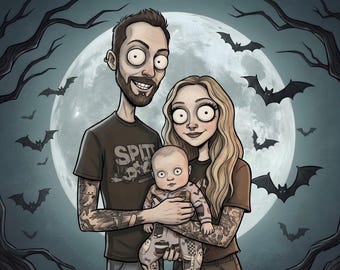 Retrato familiar gótico personalizado, estilo de dibujos animados oscuros, espeluznante inspirado en Tim Burton, decoración oscura para el hogar, pareja al estilo Addams