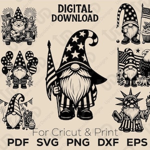 Ensemble SVG gnome patriotique | Drapeau USA nain Clipart pour Cricut, conception de T-Shirt, fichiers vectoriels imprimables PNG, Pdf, Dxf pour travaux manuels du 4 juillet