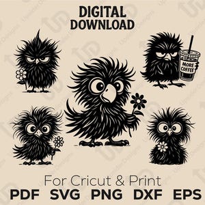 Puede incluir: Descarga digital en blanco y negro con seis ilustraciones de pájaros de dibujos animados. Algunos pájaros sostienen flores, y uno sostiene una taza de café con el texto "MORE COFFEE". La imagen incluye el texto "DIGITAL DOWNLOAD" y "For Cricut & Print".