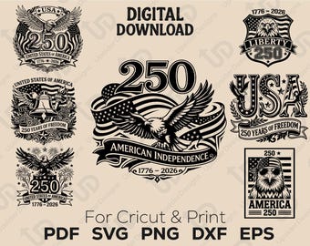Paquete SVG del 250 aniversario de EE. UU., diseño de la Campana de la Libertad con águila patriótica de Estados Unidos (1776-2026), PNG de los 250 años de Estados Unidos, DXF del 4 de julio