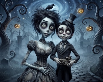 Custom Tim Burton Portrait from Photo, Gothic Family Illustration, Spooky Couple Art, Personalized Dark Fantasy Cartoon, Unique Gift
