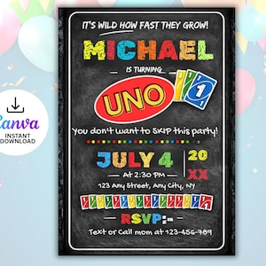 Può includere: Invito di compleanno in stile lavagna nera con la parola "UNO" in un ovale rosso. L'invito include il nome "MICHAEL", la data, l'ora e le informazioni RSVP. Il logo Canva si trova nell'angolo in alto a sinistra.