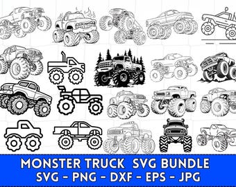 May include: A set of 15 black and white line art illustrations of monster trucks. The trucks are drawn in a cartoon style and feature large wheels and tires. The illustrations are perfect for use in crafting projects, scrapbooking, or digital design.