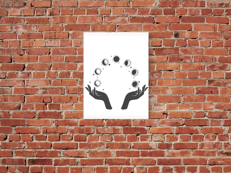May include: A black and white illustration of two hands holding a circle of moon phases. The moon phases are in various stages of fullness, from new moon to full moon.