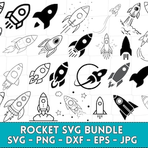 Puede incluir: Un conjunto de 30 ilustraciones de cohetes en blanco y negro. Los cohetes son de varios estilos y tamaños, algunos con llamas y otros sin. Las ilustraciones son perfectas para usar en proyectos digitales, manualidades, etc.