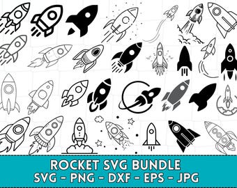 May include: A set of 30 black and white rocket ship illustrations. The rockets are in various styles and sizes, some with flames and some without. The illustrations are perfect for use in digital projects, crafts, and more.