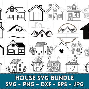 May include: A digital download bundle of 20 black and white house SVG cut files. The house designs include simple silhouettes, traditional homes, and whimsical designs with flowers and hearts.