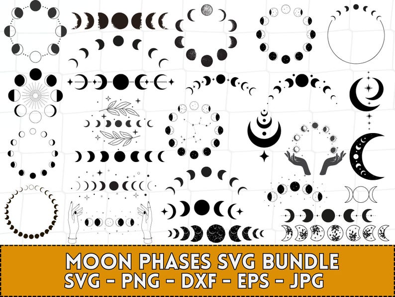 May include: A set of 25 black and white moon phase SVG files. The moon phases are depicted in various stages, including a full moon, crescent moon, and new moon. The SVG files are perfect for creating digital designs, crafts, and more.
