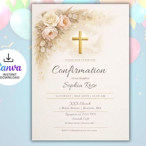 Puede incluir: Invitación de confirmación con detalles florales, una cruz dorada y una paloma. El texto dice "Confirmation of our daughter Sophia Rose" con detalles del evento. El logotipo de Canva es visible.