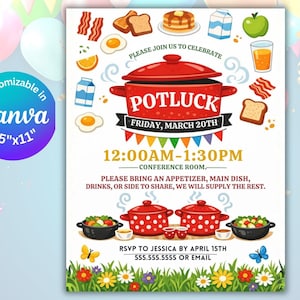 Può includere: Un invito colorato per un evento potluck, con una pentola rossa e illustrazioni di cibo. L'invito include i dettagli dell'evento, la data, l'ora e le informazioni RSVP. È incluso anche il testo "Customizable in Canva 8.5"x11"".
